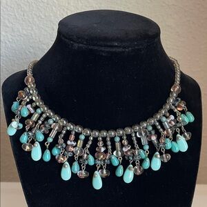 Elegant Beaded Necklace with Turquoise and Silver Glass Accents